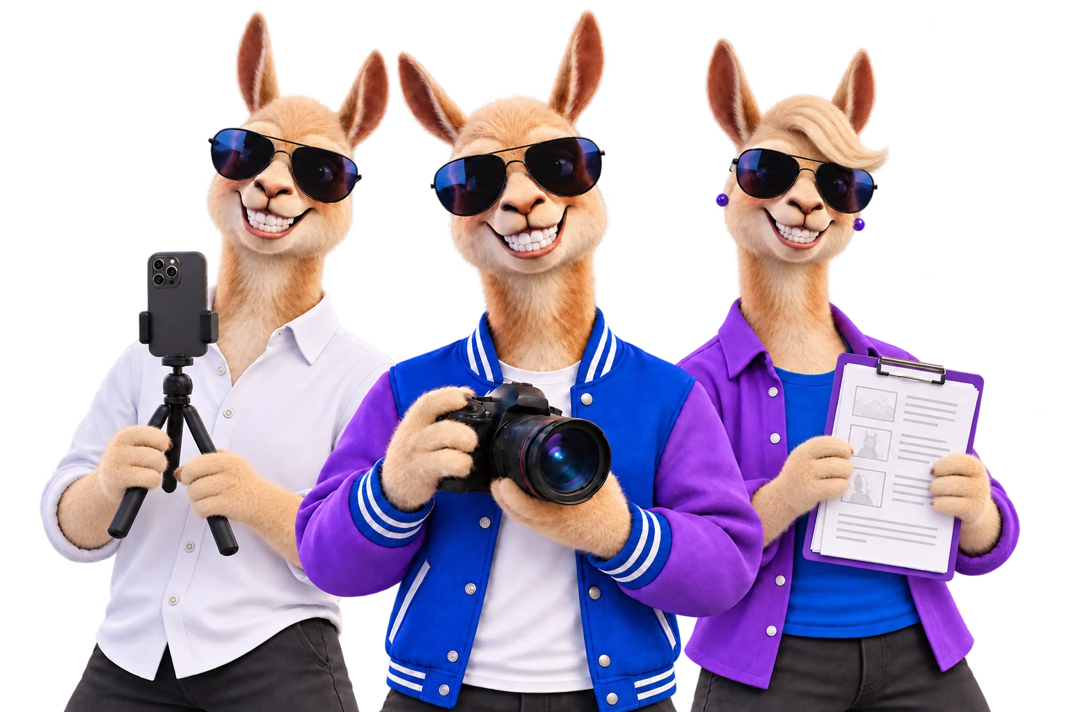 El equipo creativo de LlamaTiva: a la izquierda, una llama con camisa blanca sostiene un celular con trípode; al centro, una llama con chaqueta azul y violeta sostiene una cámara; a la derecha, una llama mujer con sobrecamisa violeta sostiene un guion